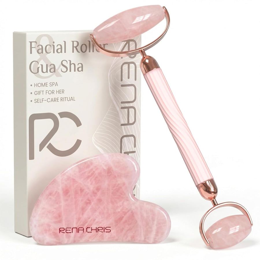 Rose Quartz Glow Ritual Set — Gua Sha & Facial Roller Duo